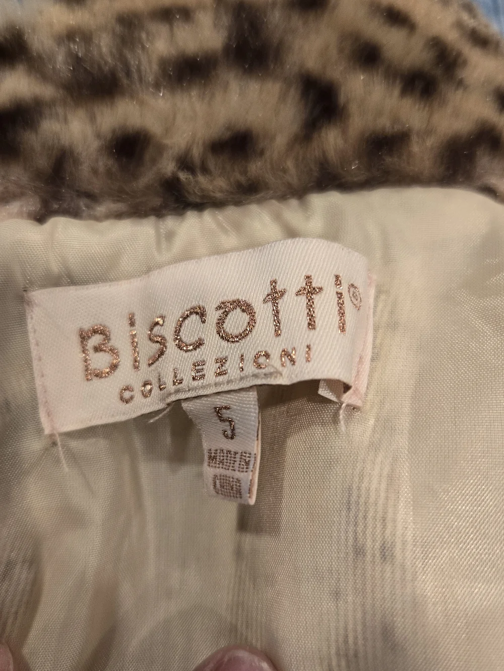Girls Faux Fur Leopard Print Coat - Taupe/Brown. Biscotti Collection. Size 5
